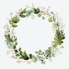 Fototapeta premium Watercolor oval greenery wreath for wedding invitations with soft leaves and delicate floral accents