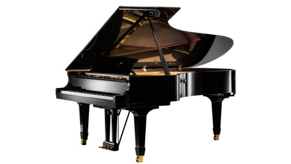 Polished black grand piano with open lid and golden interior, isolated on transparent background © Mihai