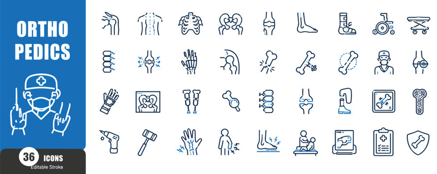 Orthopedics Medical Line Icons Set for Bone Health and Joint Surgery