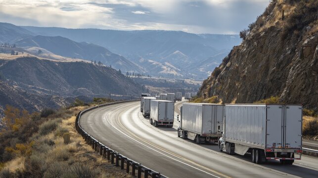 Rear view of a convoy of heavy trucks with dry van trailers on a winding highway