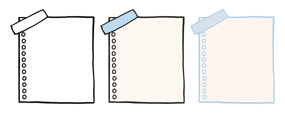 Hand-drawn note paper sheets with taped corners. Doodle style sticky tape and squared page outlines.