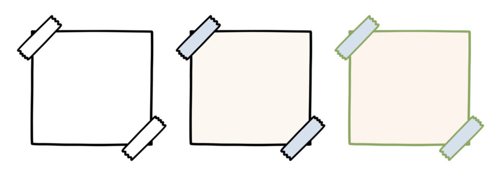 Set of three square sticky notes with tape. Hand-drawn line borders and pastel colors.