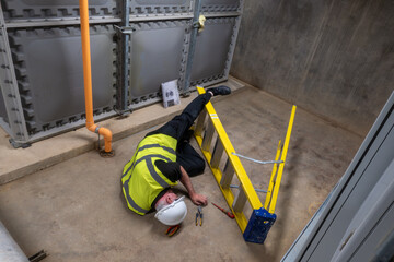 Mature maintenance engineer wearing a hard hat has fallen off his ladder and is lying on the floor injured. Slips, trips, and falls at work affect health and safety in the workplace © RCH Photographic