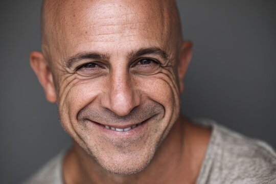 Intimate close portrait of a bald man with a toothless smile, warm tones and soft shadows