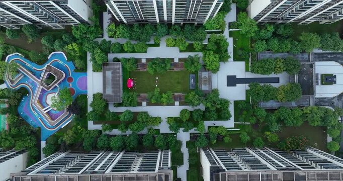 Aerial footage of new modern apartment housing building in Chengdu city, China