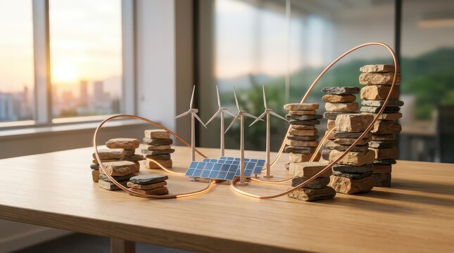 A miniature model of renewable energy sources including wind turbines and solar panels, surrounded by stacked rocks and a copper wire loop on a wooden table.