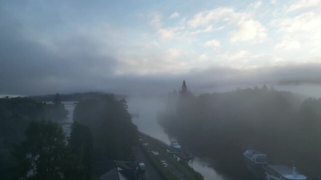 4K Video Aerial Drone Rising Shot at Lock Chambers Featuring Fog and the Settlement, Fort Augustus in the Parish of Boleskine and Abertarff, South‑West End of Loch Ness
