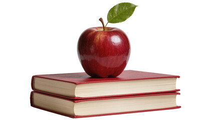 Shiny red apple with green leaf on stacked red books, isolated on transparent background © Mihai
