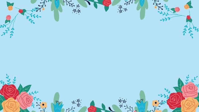 Charming floral border illustration on a serene light blue background, creating an elegant frame for invitations, greetings, or spring event designs