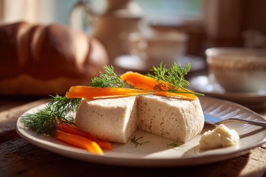 Passover table centerpiece: gefilte fish slices, dill, and horseradish on rustic tabletop