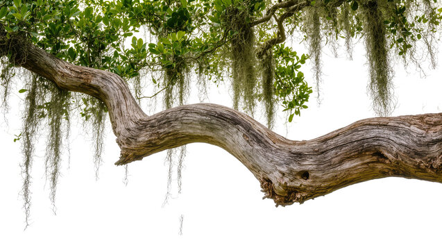 Gnarly weathered oak tree branch with Spanish moss, isolated on transparent background