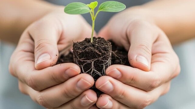 Close-up of human hands gently holding a young green plant seedling with visible roots and soil, symbolizing new life, growth, and environmental care.