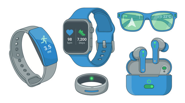 Smart wearable devices collection with smartwatch fitness tracker smart ring and health monitoring vector set