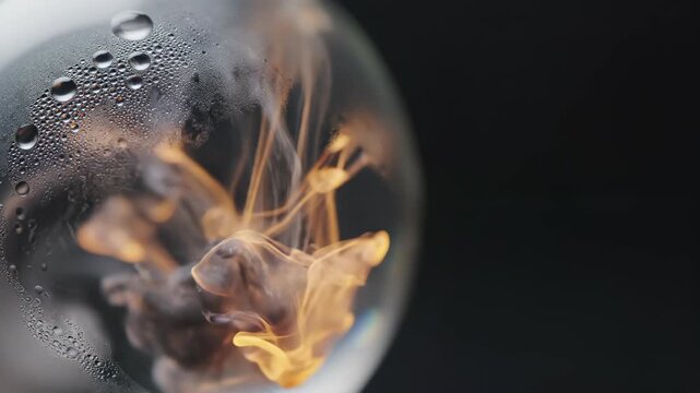 Yellow ink diffusing inside a clear glass sphere with water droplets on the surface. Abstract liquid dispersion effect for scientific and chemical visual research