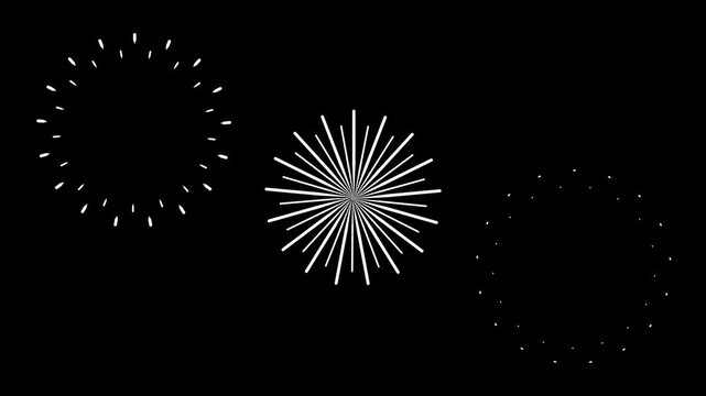 Circle ring explosion animation, luminous fireworks burst, glowing outline lines, ellipse highlight effect, smooth seamless loop, black screen background, motion graphics overlay, 4k visual.