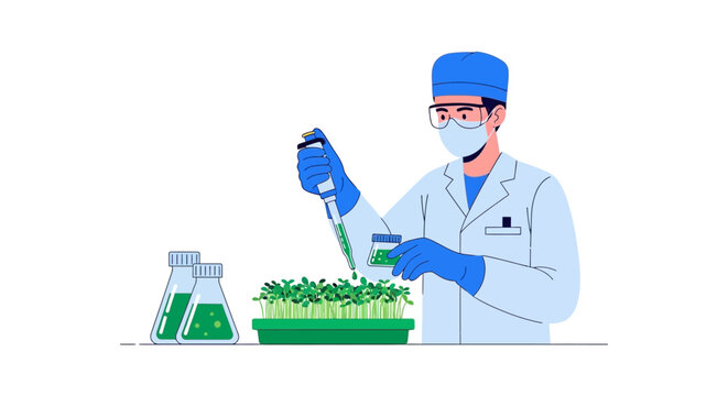 Male Scientist Using Pipette on Plant Samples in Laboratory, Biotechnology Research and Agricultural Science Concept Illustration Vector