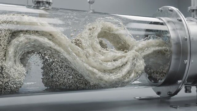 Medium shot of a slurry loop reactor showing dynamic mixing as CO2 is absorbed and converted into solid carbonate minerals for ecofriendly carbon capture solutions