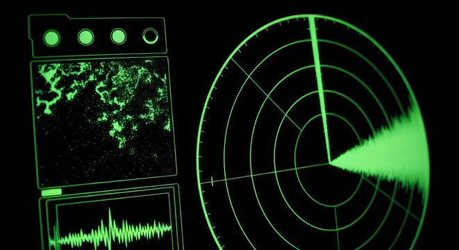 Digital radar screen displays glowing green circular waves and complex data patterns on a dark interface for modern technological monitoring