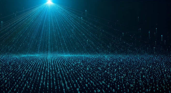 Glowing blue binary code digits flowing upward into a bright light representing digital data streaming in a virtual space environment