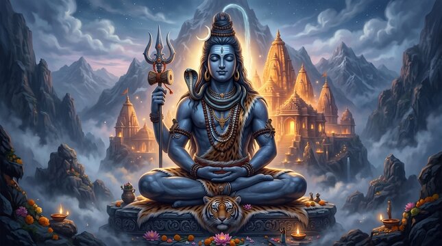 A large stone statue of Lord Shiva in a meditative pose holding a trishul, surrounded by ancient temples, representing the profound spirit of Mahadev and Shivratri