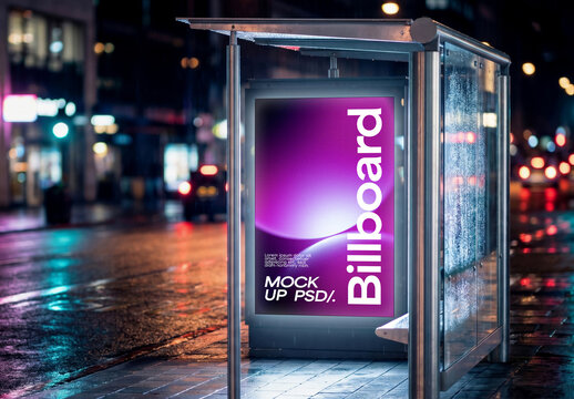 Illuminated Bus Stop Billboard Mockup At Night City Street