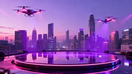 Naklejka premium Futuristic cityscape with drones and neon platform