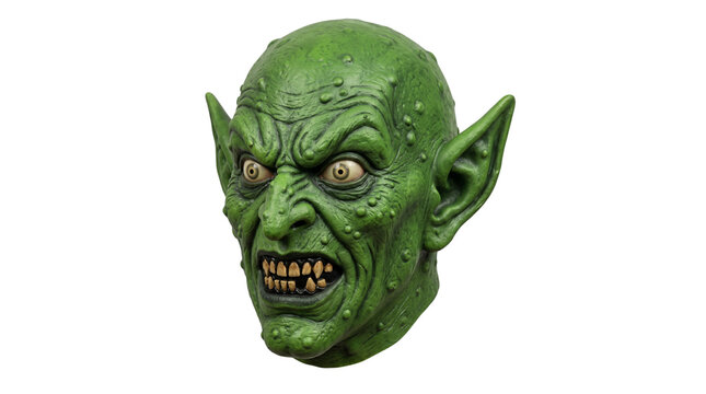Green monster head with pointed ears and sharp teeth 3D character design.