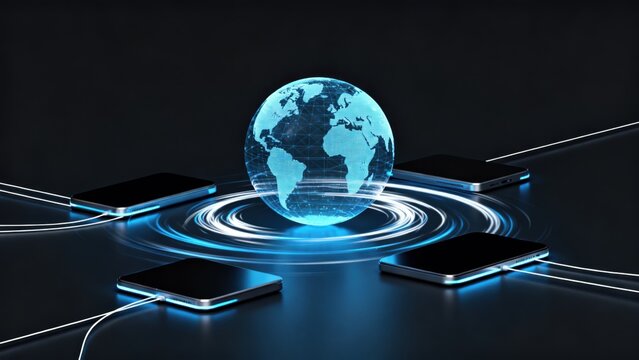 Global network with devices and glowing globe