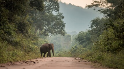 Fototapeta premium Misty morning wildlife scene: elephant trekking a forest road in Khao Yai National Park, Thailand