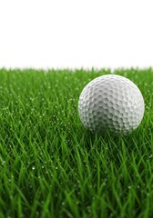 Obraz premium Isolated studio shot of a white dimpled golf sphere sitting snugly within a patch of beautiful, neatly manicured emerald grass, fairway, isolated, clean
