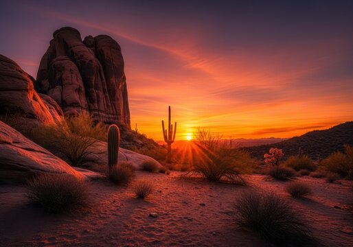 Dramatic desert landscape at sunset, featuring towering rock formations and sparse, resilient desert vegetation under an expansive sky, outdoors, environment, resilient