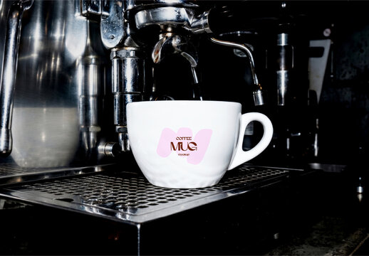 Wide Mug Mockup On Espresso Machine In Dark Cafe Scene