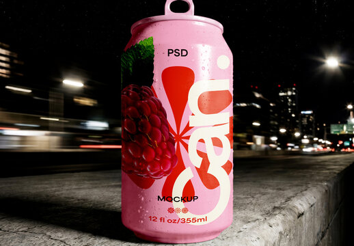 Beverage Can Mockup On Concrete Ledge Night City Scene