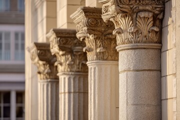 Obraz premium Morning light over four stone columns on a civic building facade, architectural texture and detail