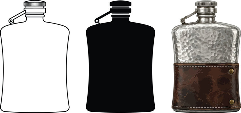Set of hip flask illustrations featuring outline silhouette and realistic textured designs perfect for vintage branding or beverage concepts