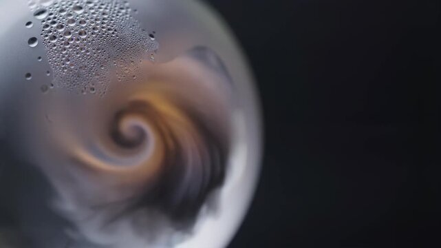 Smoke swirling inside a glass sphere with condensation droplets. Abstract gaseous motion and vapor diffusion pattern, science experiment visual, gaseous chemical