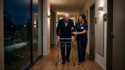 Fototapeta premium Caring Companion: A kind caregiver assists an elderly gentleman using a walker, moving with steady support down a modern hallway. The scene evokes warmth, dedication.