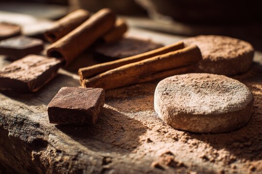 Oaxaca-inspired rustic scene: cacao blocks, cinnamon sticks, and cocoa dust on wood