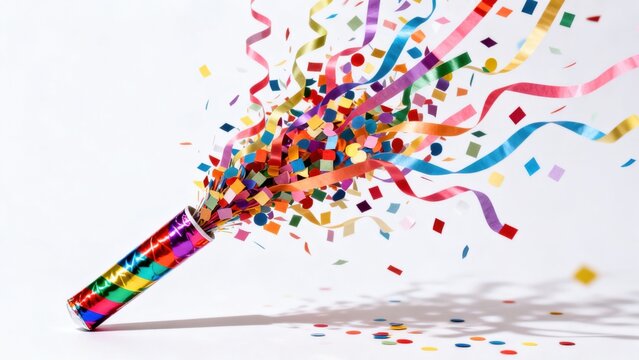 Colorful confetti and streamers exploding from canister