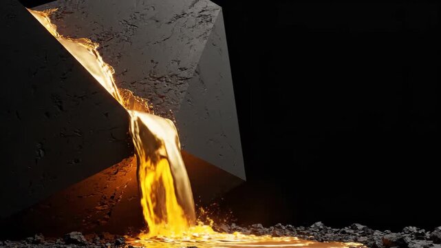 Molten gold liquid flowing from dark stone block. Cinematic 3d render of metal stream cascading onto rocky surface. Abstract industrial material flow sequence