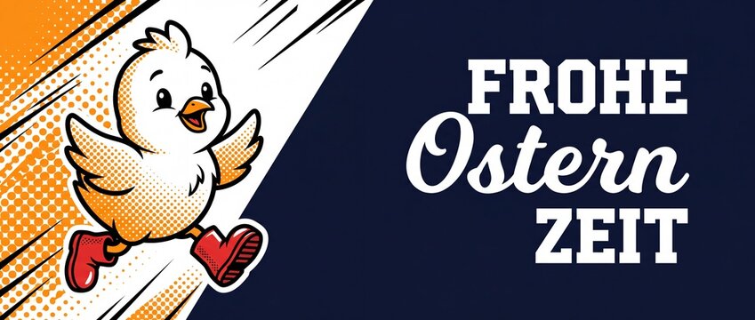Frohe Ostern German Easter banner with cute running cartoon chick wearing red boots, comic style halftone background with text space for holiday greeting card, joyful seasonal spring celebration.