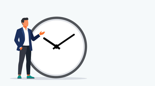 Professional Time Management Businessman Standing Beside Giant Analog Clock on White Background ideal for corporate productivity presentations and perfect for time-tracking software marketing.