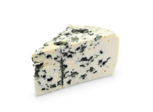 Roquefort sheep-milk blue cheese with veins of blue mold (called Dor blue, Gorgonzola or Niva in other regions) isolated on white background