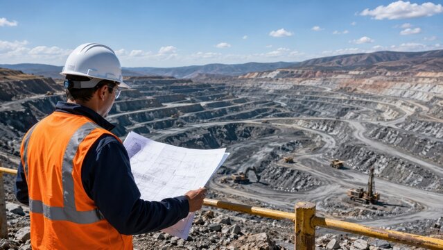 Mining engineer inspecting open pit mine from overlook