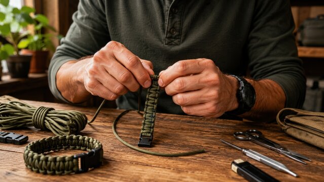 Person weaving paracord bracelet at wooden workbench indoors
