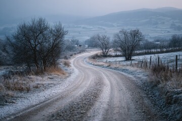 Obraz premium Quiet rural road covered in snow flurries and cold light