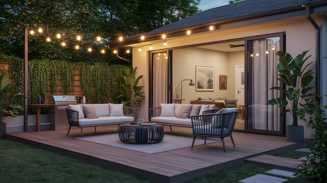 Modern outdoor living room with cozy seating and string lights at night