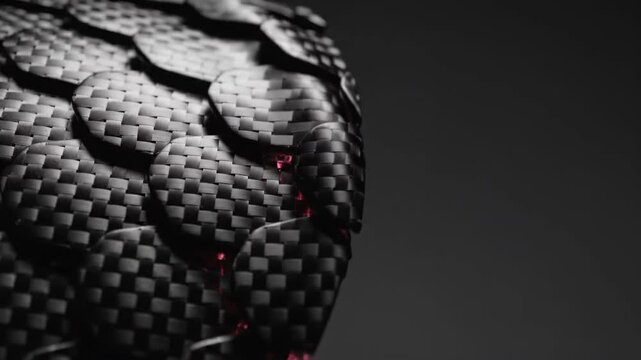 Carbon fiber pattern with overlapping scale design rotates in studio light. Composite material texture with weave detail. Industrial manufacturing design concept