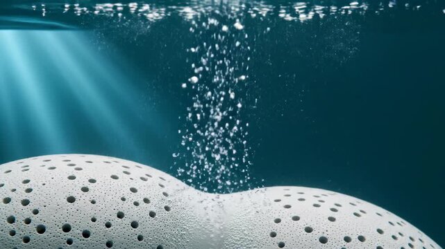 White porous diffuser ball underwater releasing oxygen bubbles in water tank. Aeration equipment for aquarium or industrial water treatment system functionality