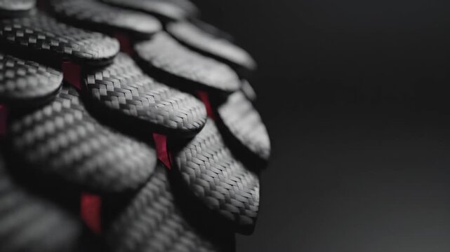 Carbon fiber scales on protective industrial gear. Detail of woven composite material overlapping in layered pattern. Advanced material engineering and safety design